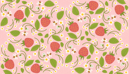 Strawberry-themed seamless pattern design featuring delightful berries, flowers, green leaves, and a tiny bee. Recurring surface design suitable for home apparel, textiles, wrapping paper