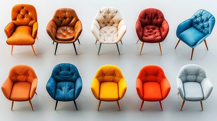 Design a set of chairs representing different human emotions from a high-angle view Each chair should embody a specific emotion through its shape, color, and texture Capture a range of 
