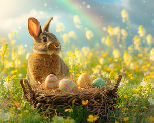 Easter Bunny, Basket of Eggs, Christian celebration of Jesus resurrection, Flower-filled meadow with a rainbow, Realistic Image, Sunlight, Chromatic Aberration