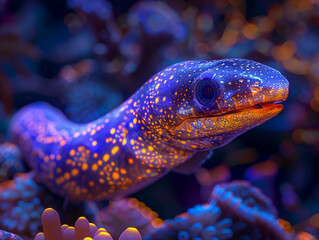Eel, luminescent skin, graceful serpent in the depths of the city, exploring the bioluminescent coral structures, amidst schools of vibrant fish 