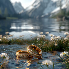 Elegant wedding rings, ethically sourced gold, delving into the intricacies of certification processes 3D rendered image set against a 