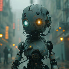Futuristic Robot, Steel Armor, Roaming the Desolate City, Foggy Atmosphere, Photography, Backlighting, Depth of Field Bokeh