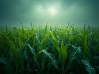 Genetically modified Crop, protective shield, crops designed to end world hunger now threaten natural plant species, lush green fields, photography, Soft backlighting, Chromatic Aberration
