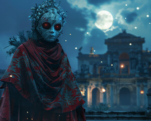 Nue, ceremonial robe, fearsome masked creature, prowling ancient temple at night, moonlit sky, 3D render, silhouette lighting, depth of field bokeh effect