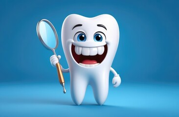 pediatric stomatology. cartoon character of white tooth on blue background holding magnifier.