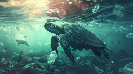 A turtle swims amid plastic pollution in ocean waters.