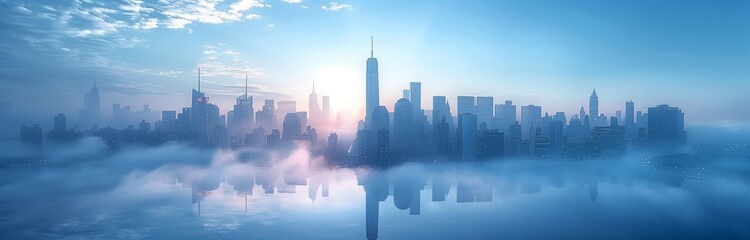 beautiful cityscape in blue misty colors