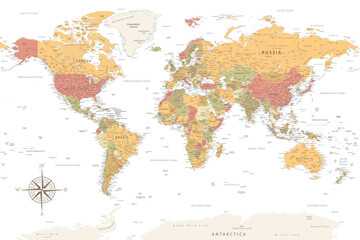 World Map - Highly Detailed Vector Map of the World. Ideally for the Print Posters. Warm Vintage Colors. Retro Style