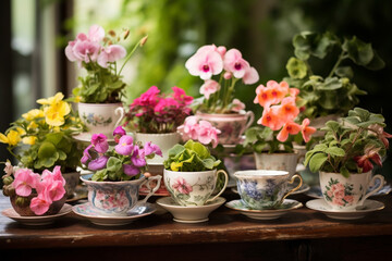An arrangement of vintage teacup planters, each holding a different flowering plant.