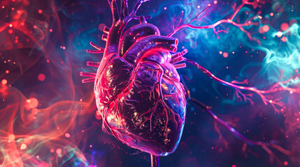 An artistic interpretation of a human heart surrounded by a network of pulsating arteries and veins, highlighted with luminous colors and a dynamic backdrop - obrazy, fototapety, plakaty