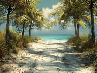 A beach scene with palm trees and a path leading to the water. Scene is peaceful and relaxing