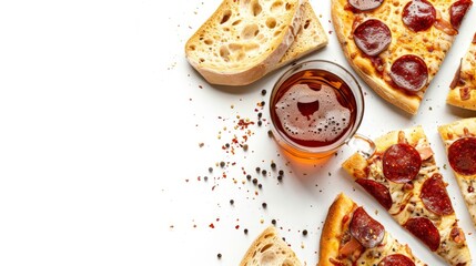 Delicious pepperoni pizza slices with toasted garlic bread and beer on white background