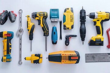 A set of electric power tools, including a drill, saw, and sander, laid out neatly on a white background. - Powered by Adobe