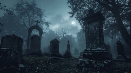 Moonlit graveyard at night, with tombstones shrouded in misty fog - obrazy, fototapety, plakaty