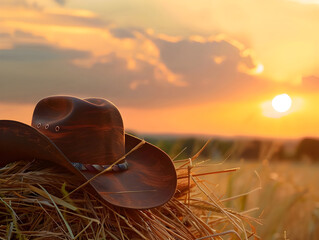 Sunset glow on cowboy hat atop hay bale - Ai Generated