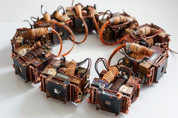 A series of electric transformers, with their coils and wires visible, arranged on a white surface.