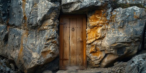 Wooden door set within a rock background and backdrop.
