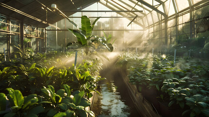 Watering in motion within bright greenhouse - Ai Generated