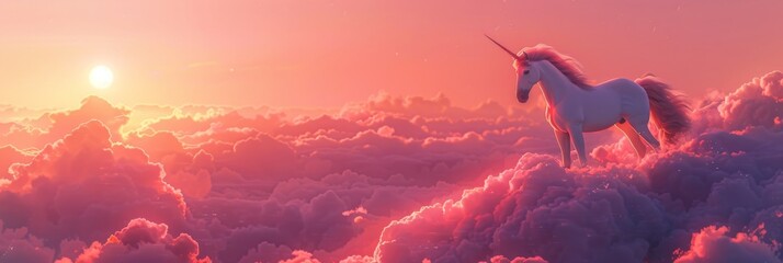 White unicorn standing amidst a sea of soft pink clouds, bathed in the ethereal glow of the setting sun - obrazy, fototapety, plakaty