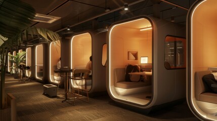 Close-up shot of a coworking capsule workspace, focusing on one pod occupied by a freelancer or...
