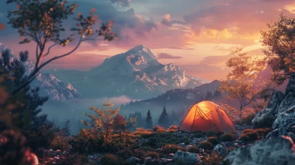 Deurstickers camping at sunset in the mountains with a photograph featuring a tent illuminated by the warm golden light © AlfaSmart