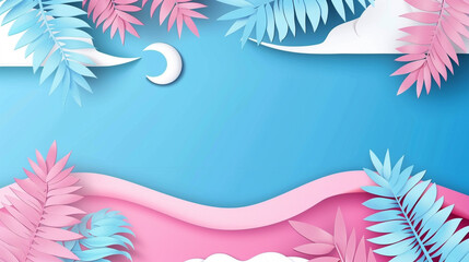 Tropical summer scene background with beach vacation holiday theme with pink waves layer, blue sky and copy space.