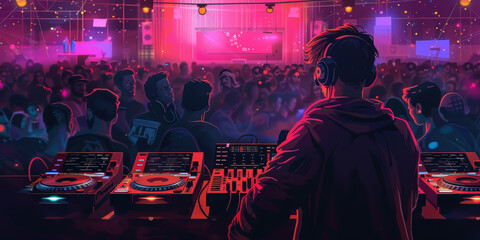 Obraz premium young male DJ at the mixing console, nightclub in the background, boy, man, musician, dancing, disco, party, neon, guy, fun, person, people, audio, vinyl, turntable
