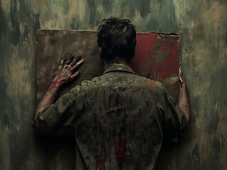 A man is holding a bloody box and is covered in blood. The image has a dark and eerie mood, with the man's actions and the bloody box creating a sense of danger and horror