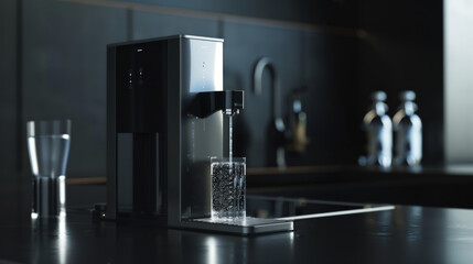 A modern and minimalist black and silver smart water dispenser with hot and cold water options for convenient hydration