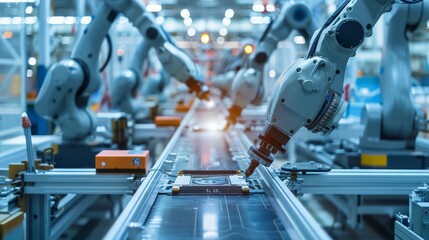 A wide-angle view of a fully automated PCB assembly line. The line is filled with robots, each one performing a specific task. The robots are working in unison, and the line is moving smoothly.