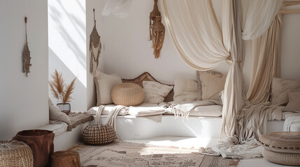 Fototapeta na wymiar Boho Chic Minimalistic White Bedroom Interior with Natural Decor