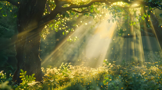 Sunbeams illuminate tranquil grove - Ai Generated