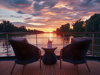 Sunset river cruise with inviting chairs - Ai Generated - obrazy, fototapety, plakaty