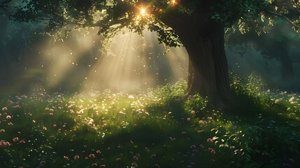 Obraz na płótnie Canvas Sunbeams illuminate tranquil grove - Ai Generated