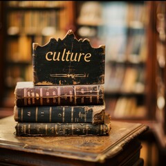 Culture concept image with stack of books in a bookshop or a library and sign with written word...