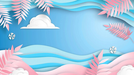 Obraz premium Tropical summer scene background with beach vacation holiday theme with pink waves layer, blue sky and copy space.