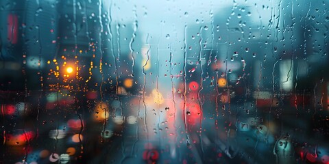 raindrops on window with view of city buildings and traffic
