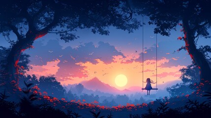In this modern illustration, a girl swinging on a swing rejoices at the big moon in a bright blue landscape of nature and vacation