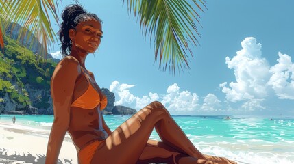 On a summer vacation in the tropics, a girl poses for a picture on the beach under a palm tree while sunbathing - obrazy, fototapety, plakaty