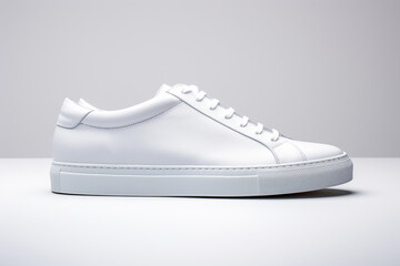 A pair of sleek white leather sneakers with a minimalist design, on a pristine white background.