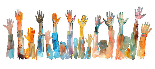 Watercolor Group of diverse people's arms and hands raised on white background