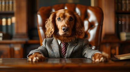Sophisticated Canine Corporate Executive Sitting at Desk with Authoritative Poise - obrazy, fototapety, plakaty
