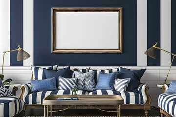 Frame & poster mockup in with Nautical-themed living room with navy and white stripes