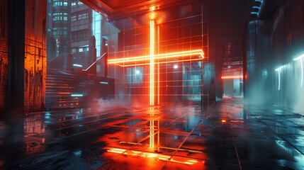 a cross is lit up in the dark