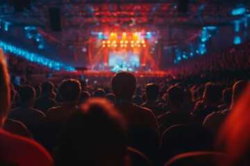 Back view of a crowd with vibrant stage lights at a live concert, depicting entertainment and music enjoyment.