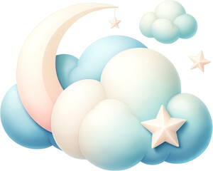 Watercolor Cute Cloud with Moon and Star Clipart isolated on Transparent Background.