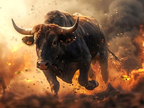 Bull running through a dusty field, exuding strength and vitality against the rustic backdrop