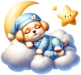 Watercolor Cute Dog Sleep on Cloud with Moon and Star Clipart isolated on Transparent Background.
