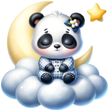 Watercolor Cute Panda Sleep on Cloud with Moon and Star Clipart isolated on Transparent Background.
