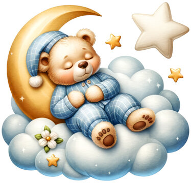 Watercolor Cute Bear Sleep on Cloud with Moon and Star Clipart isolated on Transparent Background.
